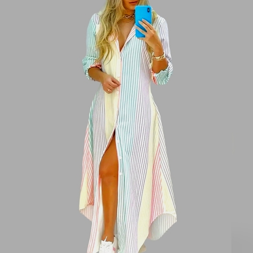 🆕Chic Color Block Striped Shirt Dress